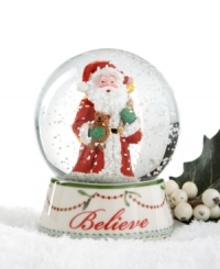 Santa Claus and a sweet teddy bear get in the spirit in this beautifully crafted Believe snow globe, featuring mistletoe and cranberry garland and a flurry of sparkles from Spode. Santa Claus and a sweet teddy bear get in the spirit in this beautifully crafted Believe snow globe, featuring mistletoe and cranberry garland and a flurry of sparkles from Spode.