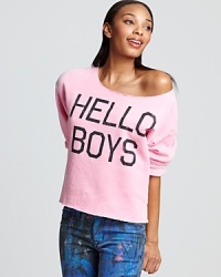 Coyly express your intentions in this Rebel Yell sweatshirt, emblazoned with the words Hello Boys. Coyly express your intentions in this Rebel Yell sweatshirt, emblazoned with the words Hello Boys.