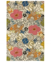 Brighten up any room with the scrolling floral motifs of an art nouveau-style area rug in bright colors on a white ground. Designed for both high-fashion environments and everyday living spaces, this high-quality piece is hand-tufted in India of plush New Zealand wool. Brighten up any room with the scrolling floral motifs of an art nouveau-style area rug in bright colors on a white ground. Designed for both high-fashion environments and everyday living spaces, this high-quality piece is hand-tufted in India of plush New Zealand wool.