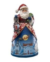 Welcome the festive season with a classic Santa figurine with a unique twist. Jim Shore showcases a scene from Night Before Christmas and combines it with a colorful pattern used in traditional quilt making. Welcome the festive season with a classic Santa figurine with a unique twist. Jim Shore showcases a scene from Night Before Christmas and combines it with a colorful pattern used in traditional quilt making.