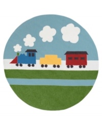 All aboard! Let the fun shapes and bright primary colors of this round choo-choo rug create a vibrant scene. Hand hooked from poly-acrylic material, each friendly floor covering is durable enough to stand up to even the most rigorous play. All aboard! Let the fun shapes and bright primary colors of this round choo-choo rug create a vibrant scene. Hand hooked from poly-acrylic material, each friendly floor covering is durable enough to stand up to even the most rigorous play.