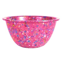 This bowl is made of recycled durable melamine. It would make a fun addition to any kitchen. The bowl is durable enough to use with an electric mixer. Stain resistant. This bowl is made of recycled durable melamine. It would make a fun addition to any kitchen. The bowl is durable enough to use with an electric mixer. Stain resistant.