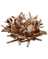 A cluster of twigs and pine cones create a comforting wintry home accent in this candle holder from Winward. Arrange a few of these across your mantel or upon your dinner table for a subtle holiday glow. A cluster of twigs and pine cones create a comforting wintry home accent in this candle holder from Winward. Arrange a few of these across your mantel or upon your dinner table for a subtle holiday glow.