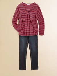 A large bow-like design is complimented by bold stripes on this plush cotton top.ScoopneckLong sleevesPullover styleCottonMachine washImported A large bow-like design is complimented by bold stripes on this plush cotton top.ScoopneckLong sleevesPullover styleCottonMachine washImported