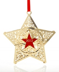 The Macy's star gets a holiday makeover. With a red star at its center and more engraved stars in gold-plated brass, this eye-catching Christmas ornament shines with one-of-a-kind brilliance. By ChemArt. The Macy's star gets a holiday makeover. With a red star at its center and more engraved stars in gold-plated brass, this eye-catching Christmas ornament shines with one-of-a-kind brilliance. By ChemArt.