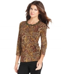 Jones New York Signature's henley top offers easy style at a low price. Lace trim at the neckline and a punchy paisley print make it anything but basic! Jones New York Signature's henley top offers easy style at a low price. Lace trim at the neckline and a punchy paisley print make it anything but basic!