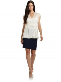 THE LOOKSheer silk chiffonFloral lace trim at neckline, sides, empire waist and hemV-neckSleevelessIncludes tonal camisoleTHE FITAbout 25 from shoulder to hemTHE MATERIALShell: silkCamisole: polyesterCARE & ORIGINDry cleanMade in ItalyModel shown is 5'11 (180cm) wearing US size 4. THE LOOKSheer silk chiffonFloral lace trim at neckline, sides, empire waist and hemV-neckSleevelessIncludes tonal camisoleTHE FITAbout 25 from shoulder to hemTHE MATERIALShell: silkCamisole: polyesterCARE & ORIGINDry cleanMade in ItalyModel shown is 5'11 (180cm) wearing US size 4.