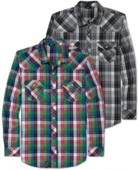 Pop in some plaid. This short-sleeved shirt from LRG enlivens your weekend wardrobe. Pop in some plaid. This short-sleeved shirt from LRG enlivens your weekend wardrobe.