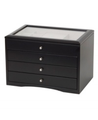 The perfect accessory to your jewelry collection, the Ripley jewelry box from Mele & Co. has three drawers – two open, one with four sections – and a top compartment to accommodate rings and more. A glass lid offers a preview of what's inside. The perfect accessory to your jewelry collection, the Ripley jewelry box from Mele & Co. has three drawers – two open, one with four sections – and a top compartment to accommodate rings and more. A glass lid offers a preview of what's inside.