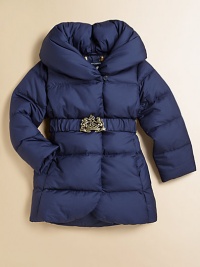 Soft to the touch and supremely plush, a cozy puffer coat gets a girly makeover with an over-sized shawl collar for a look that's stylish and warm.Oversized shawl collar with button-and-loop closureLong sleevesFull-snap frontOn-seam zip pocketsWaistband with elasticized beltFully linedPolyesterFill: 60% down/40% feathersMachine wash Please note: Number of snaps may vary depending on size ordered Additional InformationKid's Apparel Size Guide Soft to the touch and supremely plush, a cozy puffer coat gets a girly makeover with an over-sized shawl collar for a look that's stylish and warm.Oversized shawl collar with button-and-loop closureLong sleevesFull-snap frontOn-seam zip pocketsWaistband with elasticized beltFully linedPolyesterFill: 60% down/40% feathersMachine wash Please note: Number of snaps may vary depending on size ordered Additional InformationKid's Apparel Size Guide
