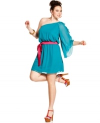 Get goddess-inspired style with Trixxi's one-shoulder plus size dress, cinched by a belted waist. Get goddess-inspired style with Trixxi's one-shoulder plus size dress, cinched by a belted waist.