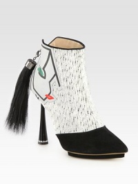 A face-print leather detail adds a pop of color to this wool and suede ankle boot with a removable textured ponytail. Lacquered heel, 4½ (115mm)Wool and suede upper with leather trim and removable polyester ponytailBack zipLeather lining and solePadded insoleMade in Italy A face-print leather detail adds a pop of color to this wool and suede ankle boot with a removable textured ponytail. Lacquered heel, 4½ (115mm)Wool and suede upper with leather trim and removable polyester ponytailBack zipLeather lining and solePadded insoleMade in Italy