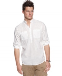 Stand up style. This stand collared shirt from Bar III is a casual complement to your cargo, khaki or denim style this summer. Stand up style. This stand collared shirt from Bar III is a casual complement to your cargo, khaki or denim style this summer.