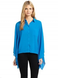 THE LOOKShirt collarPatch pocket at chestButton-frontDraped dolman sleeves with cutout detailsTHE FITAbout 23 from shoulder to longest pointTHE MATERIALViscose/rayonCARE & ORIGINDry cleanImportedModel shown is 5'9 (175cm) wearing US size Small. THE LOOKShirt collarPatch pocket at chestButton-frontDraped dolman sleeves with cutout detailsTHE FITAbout 23 from shoulder to longest pointTHE MATERIALViscose/rayonCARE & ORIGINDry cleanImportedModel shown is 5'9 (175cm) wearing US size Small.