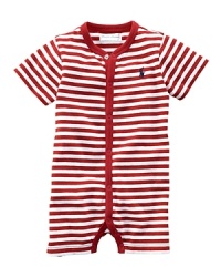 Constructed from a lightweight cotton knit, this adorable shortall features a classic thin-striped pattern and signature pony embroidery at the chest. Constructed from a lightweight cotton knit, this adorable shortall features a classic thin-striped pattern and signature pony embroidery at the chest.