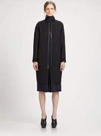This sleek, modern wool style is finished with rib-knit cashmere cuffs and a matching collar.Rib-knit stand collarFront zipRib-knit cuffsSide slash pocketsSilk liningAbout 38 from shoulder to hemWoolDry cleanMade in USA of Italian fabricModel shown is 5'10 (177cm) wearing US size 4. This sleek, modern wool style is finished with rib-knit cashmere cuffs and a matching collar.Rib-knit stand collarFront zipRib-knit cuffsSide slash pocketsSilk liningAbout 38 from shoulder to hemWoolDry cleanMade in USA of Italian fabricModel shown is 5'10 (177cm) wearing US size 4.