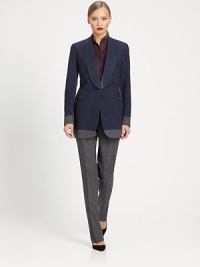 Contrasting front and back colored panels elevate this otherwise minimal, classic wool silhouette.Shawl lapelsLong sleeves with contrast cuffsButton closureWelt pocketsAbout 27 from shoulder to hemWoolDry cleanMade in ItalyModel shown is 5'11 (180cm) wearing US size 4. Contrasting front and back colored panels elevate this otherwise minimal, classic wool silhouette.Shawl lapelsLong sleeves with contrast cuffsButton closureWelt pocketsAbout 27 from shoulder to hemWoolDry cleanMade in ItalyModel shown is 5'11 (180cm) wearing US size 4.