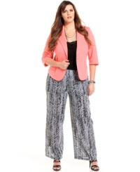 Make an on-trend style statement with AGB's plus size palazzo pants, featuring a vivid print! Make an on-trend style statement with AGB's plus size palazzo pants, featuring a vivid print!