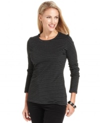 Sparkling stripes add a glimmering touch to Charter Club's easy crewneck top. Layer it with a cardigan or wear it solo with corduroys. Sparkling stripes add a glimmering touch to Charter Club's easy crewneck top. Layer it with a cardigan or wear it solo with corduroys.