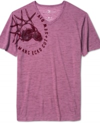A cool shoulder graphic and a sleek v-neck fit give this Marc Ecko Cut & Sew tee a stylish edge. A cool shoulder graphic and a sleek v-neck fit give this Marc Ecko Cut & Sew tee a stylish edge.