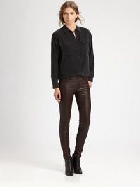 Channel rock 'n' roll vibes in these urban skinnies of soft leather with zippered cuffs and some serious stretch. THE FITSkinny fitMedium rise, about 8Inseam, about 29THE DETAILSButton closureZip flyFive-pocket styleZippered cuffsLeatherDry clean with a leather specialistMade in USA of imported fabricModel shown is 5'10 (177cm) wearing US size 4. Channel rock 'n' roll vibes in these urban skinnies of soft leather with zippered cuffs and some serious stretch. THE FITSkinny fitMedium rise, about 8Inseam, about 29THE DETAILSButton closureZip flyFive-pocket styleZippered cuffsLeatherDry clean with a leather specialistMade in USA of imported fabricModel shown is 5'10 (177cm) wearing US size 4.