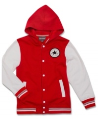 Complement his classic style with some help from Converse – the throwback look of this varsity hoodie makes a statement. Complement his classic style with some help from Converse – the throwback look of this varsity hoodie makes a statement.