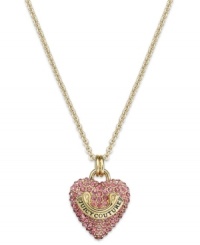 Love that glitters. Juicy Couture's pendant necklace features a darling heart charm embellished with pink pave crystals. Finished with a gold tone logo banner. Crafted in gold tone mixed metal. Approximate length: 30 inches + 3-inch extender. Approximate drop: 1 inch. Love that glitters. Juicy Couture's pendant necklace features a darling heart charm embellished with pink pave crystals. Finished with a gold tone logo banner. Crafted in gold tone mixed metal. Approximate length: 30 inches + 3-inch extender. Approximate drop: 1 inch.