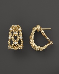 18K gold and diamond j hoop earrings from the Judith Ripka Laurel collection. 18K gold and diamond j hoop earrings from the Judith Ripka Laurel collection.