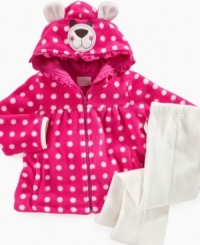 Keep her comfy and unbearably adorable in this fleece polka-dot jacket and pant set from Nannette. Keep her comfy and unbearably adorable in this fleece polka-dot jacket and pant set from Nannette.