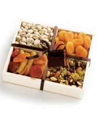 Surprise someone special with this Mendocino gift set exclusively from Torn Ranch. This collection features Turkish apricots, berry blossom trail mix, mixed fancy fruit with large ruby red plums, and California pistachios all set in a natural wooden serving tray. Surprise someone special with this Mendocino gift set exclusively from Torn Ranch. This collection features Turkish apricots, berry blossom trail mix, mixed fancy fruit with large ruby red plums, and California pistachios all set in a natural wooden serving tray.