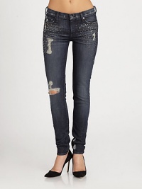 Slim from top to bottom, these medium-wash cigarette jeans are slightly distressed and sprinkled in glimmering studs. THE FITRise, about 8Inseam, about 31THE DETAILSZip flyFive-pocket styleCotton/spandexMachine washMade in USASIZE & FITModel shown is 5'10 (177cm) wearing US size 4. Additional Information Women's Premier Designer & Contemporary Size Guide Slim from top to bottom, these medium-wash cigarette jeans are slightly distressed and sprinkled in glimmering studs. THE FITRise, about 8Inseam, about 31THE DETAILSZip flyFive-pocket styleCotton/spandexMachine washMade in USASIZE & FITModel shown is 5'10 (177cm) wearing US size 4. Additional Information Women's Premier Designer & Contemporary Size Guide