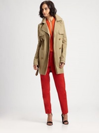A refreshing take on the classic trenchcoat made from Italian cotton with a touch of stretch for an impeccable fit.Notched collarGunflapsDouble-breasted styleSelf beltSlash pocketsRainflapAbout 33 from shoulder to hemCotton/polyurethaneDry cleanImported of Italian fabric Model shown is 5'9 (175cm) wearing US size Small. A refreshing take on the classic trenchcoat made from Italian cotton with a touch of stretch for an impeccable fit.Notched collarGunflapsDouble-breasted styleSelf beltSlash pocketsRainflapAbout 33 from shoulder to hemCotton/polyurethaneDry cleanImported of Italian fabric Model shown is 5'9 (175cm) wearing US size Small.