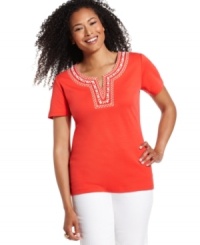 Casual style gets reinvented with JM Collection's embroidered and beaded top. Pair it with anything from khaki shorts to crisp white pants. Casual style gets reinvented with JM Collection's embroidered and beaded top. Pair it with anything from khaki shorts to crisp white pants.