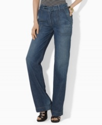Lauren Jeans Co.'s chic wide-leg pant is finished with a drawstring waist for comfort and style. Lauren Jeans Co.'s chic wide-leg pant is finished with a drawstring waist for comfort and style.