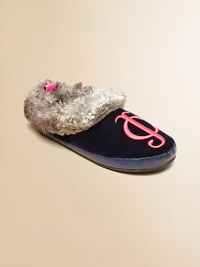 Slip her feet into these plush, faux fur-lined slippers with striking Juicy embellishment on velvet.Slip-onVelvet upperFaux fur liningRubber solePadded faux fur insoleImported Slip her feet into these plush, faux fur-lined slippers with striking Juicy embellishment on velvet.Slip-onVelvet upperFaux fur liningRubber solePadded faux fur insoleImported