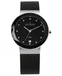 A faceted glass bezel catches attention on this mesh watch from Skagen Denmark. A faceted glass bezel catches attention on this mesh watch from Skagen Denmark.