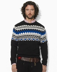 A wintry weave enlivens a hardy sweater rendered in a cozy cotton blend with a classic crew neckline. A wintry weave enlivens a hardy sweater rendered in a cozy cotton blend with a classic crew neckline.