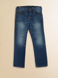 A medium-wash, five-pocket style is updated with whiskering and fading in a slim-fitting silhouette.Front button closureAdjustable waistband with belt loopsZip flyFive-pocket styleCottonMachine washImported of domestic fabric A medium-wash, five-pocket style is updated with whiskering and fading in a slim-fitting silhouette.Front button closureAdjustable waistband with belt loopsZip flyFive-pocket styleCottonMachine washImported of domestic fabric