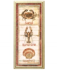 Sea creatures on sand-colored wood make this distressed wall art ideal for cozy beach homes. Hang it in the family room or kitchen. Sea creatures on sand-colored wood make this distressed wall art ideal for cozy beach homes. Hang it in the family room or kitchen.