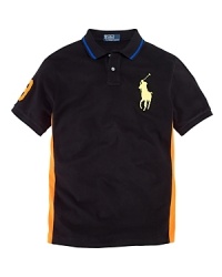 Bold pops of neon impart athletic appeal to a trim, athletic-fitting short-sleeved polo shirt in breathable cotton mesh. Bold pops of neon impart athletic appeal to a trim, athletic-fitting short-sleeved polo shirt in breathable cotton mesh.