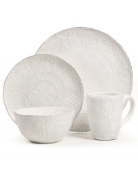 Get a feel for French style with delicately embossed Blanc Colette dinnerware from Versailles Maison. Romantic scrolling vines encircle rustic earthenware with a simple white glaze and irresistible charm. Get a feel for French style with delicately embossed Blanc Colette dinnerware from Versailles Maison. Romantic scrolling vines encircle rustic earthenware with a simple white glaze and irresistible charm.