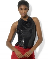 Lauren Ralph Lauren's sequined-front camisole with a pretty draped neckline adds an element of glamour to your ensemble. Lauren Ralph Lauren's sequined-front camisole with a pretty draped neckline adds an element of glamour to your ensemble.