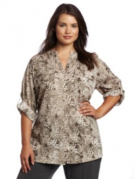 Calvin Klein Women's Plus-Size Printed Crew Roll Sleeve, Birch Combo, 0X Calvin Klein Women's Plus-Size Printed Crew Roll Sleeve, Birch Combo, 0X