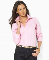 Lauren by Ralph Lauren's feminine, finely tailored dress shirt rendered in breathable, wrinkle-resistant cotton. Lauren by Ralph Lauren's feminine, finely tailored dress shirt rendered in breathable, wrinkle-resistant cotton.