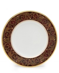 Add drama to your tabletop with this bold pattern from Noritake! Strikingly elegant, this bone china features a rich gold and red brocade border adorned with soft ivory dots and a gold band. Add drama to your tabletop with this bold pattern from Noritake! Strikingly elegant, this bone china features a rich gold and red brocade border adorned with soft ivory dots and a gold band.