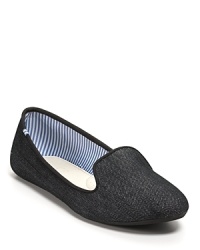 Denim adds casual-chic style to these sleek smoking flats. By Charles Philip. Denim adds casual-chic style to these sleek smoking flats. By Charles Philip.