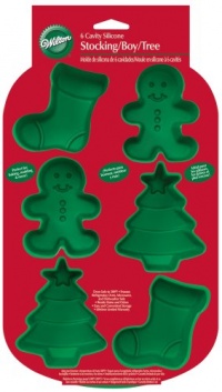 Wilton 6 Cavity Silicone Stocking, Boy and Tree Mold Pan Wilton 6 Cavity Silicone Stocking, Boy and Tree Mold Pan