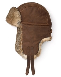 A true vintage look crafted in handsome, rugged leather and trimmed in luxurious rabbit fur from Crown Cap. A true vintage look crafted in handsome, rugged leather and trimmed in luxurious rabbit fur from Crown Cap.