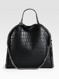 A crocodile embossed faux leather style with whipstitching and shiny link chain trim that follows the brand's vegetarian initiatives.Double chain top handles, 5 dropChain shoulder strap, 11 dropMagnetic snap closureOne inside zip pocketFully lined14W X 14½H X 3DMade in Italy A crocodile embossed faux leather style with whipstitching and shiny link chain trim that follows the brand's vegetarian initiatives.Double chain top handles, 5 dropChain shoulder strap, 11 dropMagnetic snap closureOne inside zip pocketFully lined14W X 14½H X 3DMade in Italy