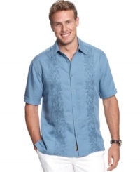 Classic gets kicked up a notch with this ornately embroidered linen-blend shirt from Cubavera. Classic gets kicked up a notch with this ornately embroidered linen-blend shirt from Cubavera.